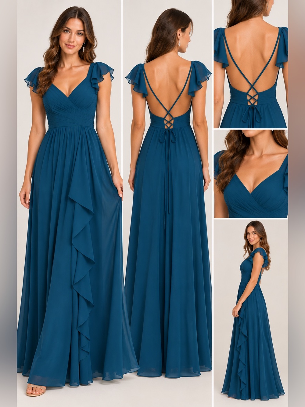 Teal Chiffon Ruffle Sleeve Lace Up Back Formal Maxi Dress Size 6